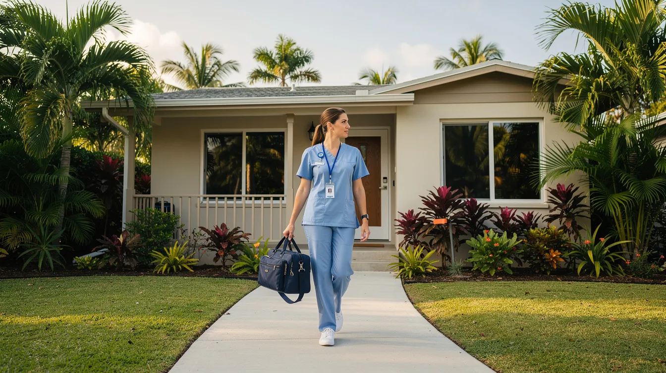 Person walking on a front path toward a single-story house, carrying a bag, with palm trees and a green lawn.