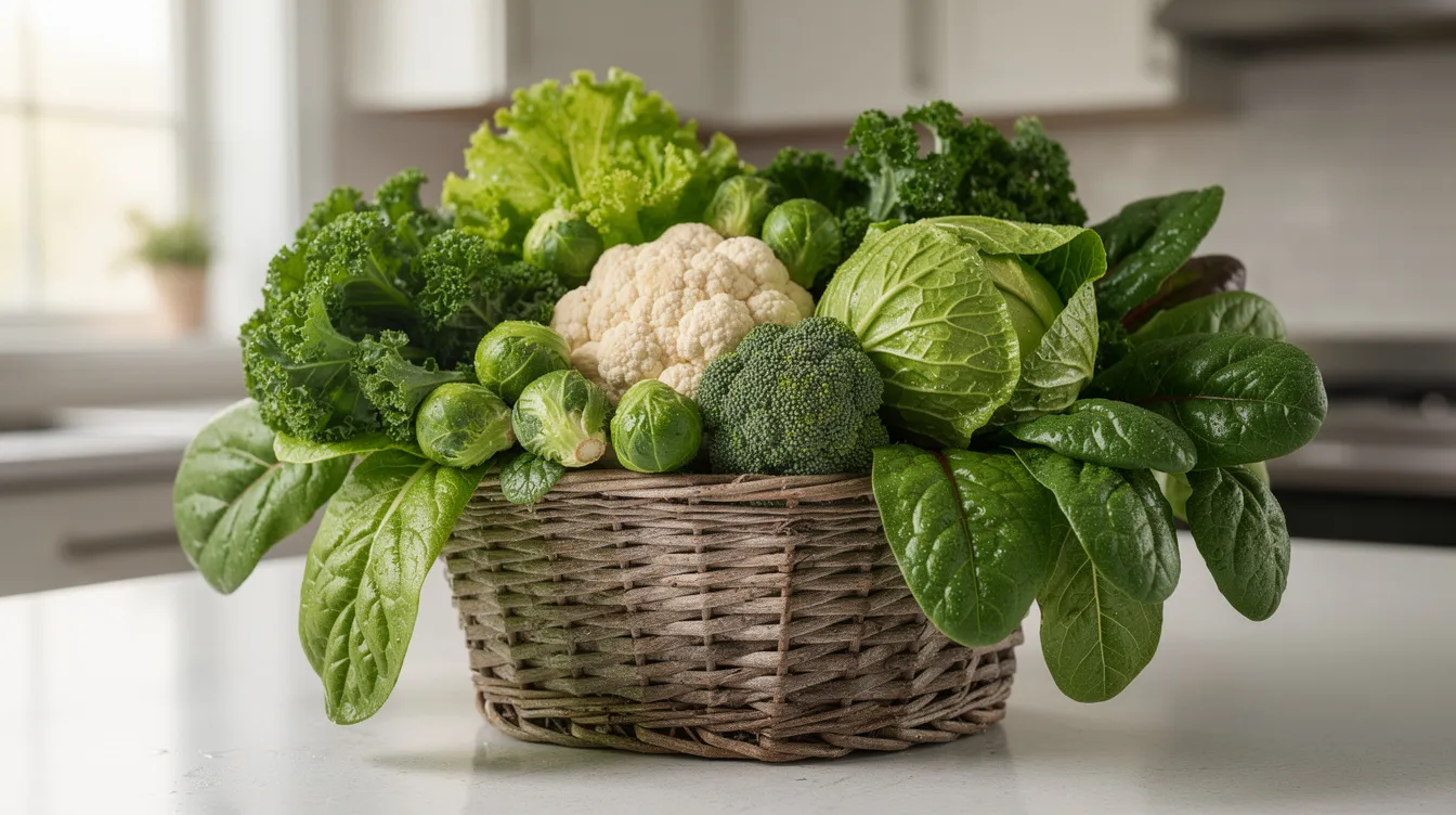 A woven basket filled with a vibrant assortment of fresh leafy greens and cruciferous vegetables sits on a kitchen counter, showcasing nutrient-dense foods that support overall health and promote healing. These healing foods are essential for boosting the immune system and reducing inflammation, making them a vital part of a balanced diet.