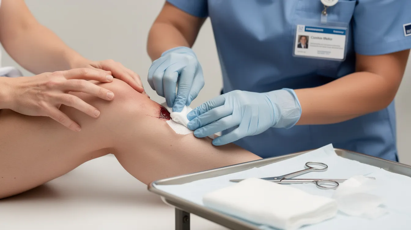 A close-up image shows a wound care specialist attentively caring for a patient's wound, utilizing advanced techniques to promote healing and prevent complications. The specialist's focused approach emphasizes the importance of proper wound treatment in the recovery process.