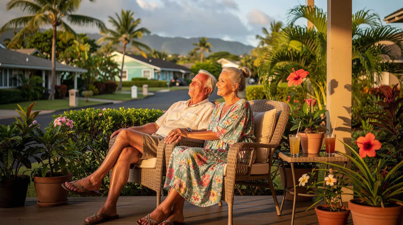 An elderly couple sits comfortably on a porch surrounded by lush greenery in a Hawaiian neighborhood, exuding a sense of relaxation and contentment. Their serene environment reflects a lifestyle that prioritizes health and well-being, reminiscent of the compassionate care provided by healthcare professionals and wound care specialists in managing chronic conditions.
