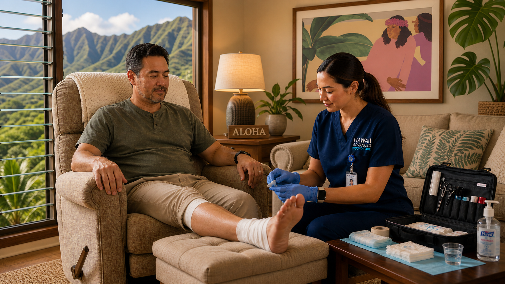 Healthcare worker wrapping a man's leg in a cozy living room with mountain view