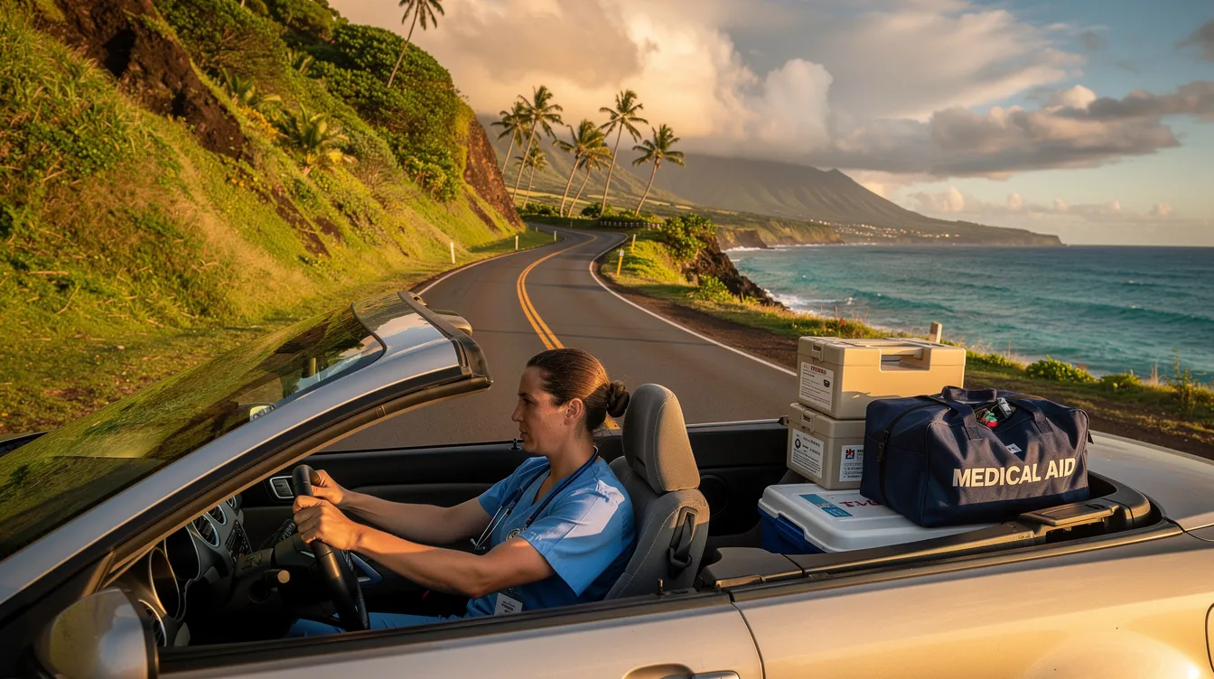 A healthcare professional is driving along a scenic coastal road in Hawaii, transporting essential medical supplies for proper wound care. The image captures the vibrant landscape, symbolizing the journey towards optimal wound healing and the importance of timely medical intervention in the healing process.