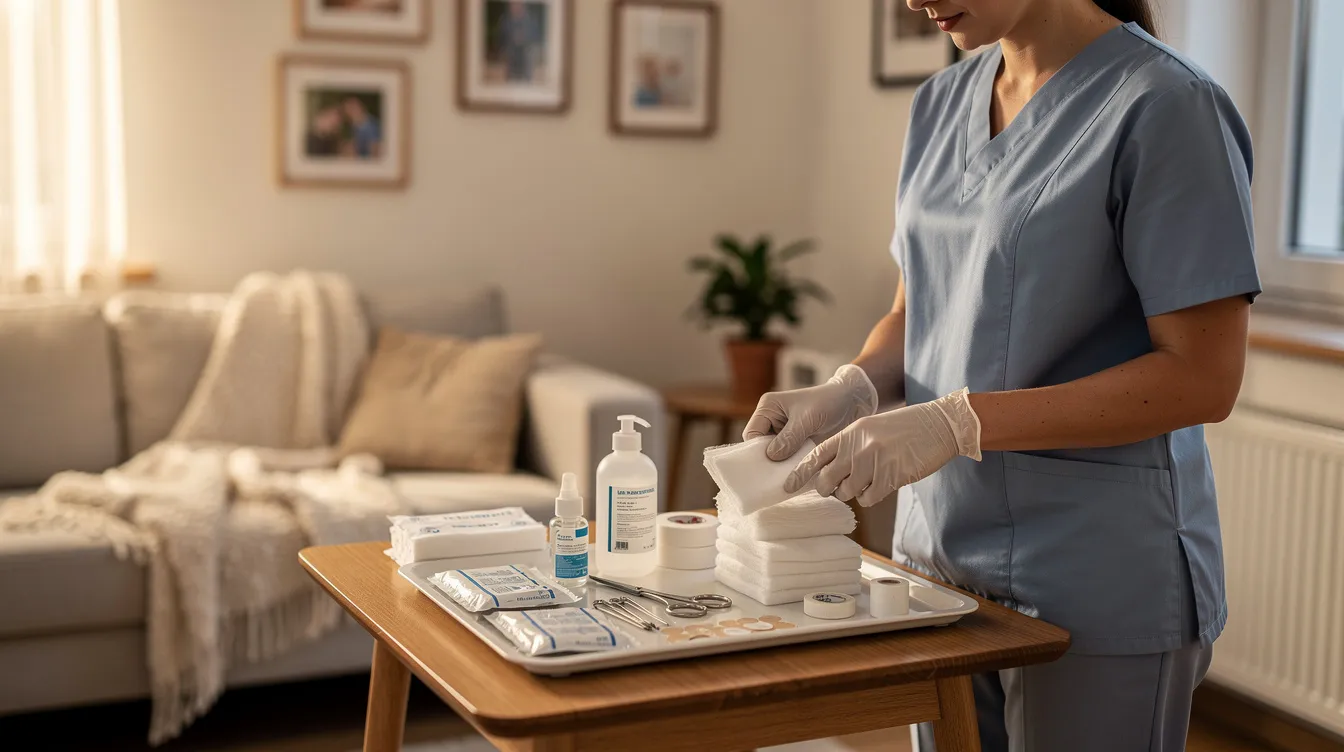 Caregiver in blue scrubs arranging medical supplies on a table in a living room