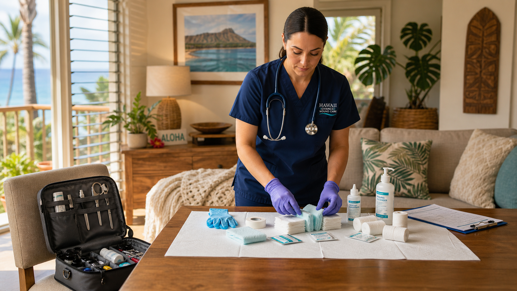 A wound care nurse is seen preparing various supplies in a cozy home environment, focusing on advanced wound care techniques to support healing for patients with complex wounds. The nurse is organizing materials essential for effective home wound care services, ensuring the right care plan is ready for their loved one’s recovery.
