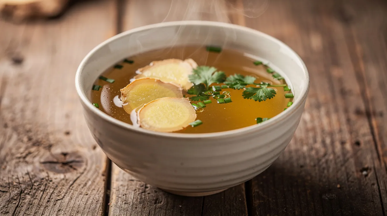 A steaming ceramic bowl of golden bone broth is presented on a rustic wooden surface, garnished with fresh ginger slices and herbs, showcasing a nutrient-dense food that supports gut health and promotes healing. This comforting dish is rich in essential nutrients and is often considered a natural medicine for overall health and well-being.