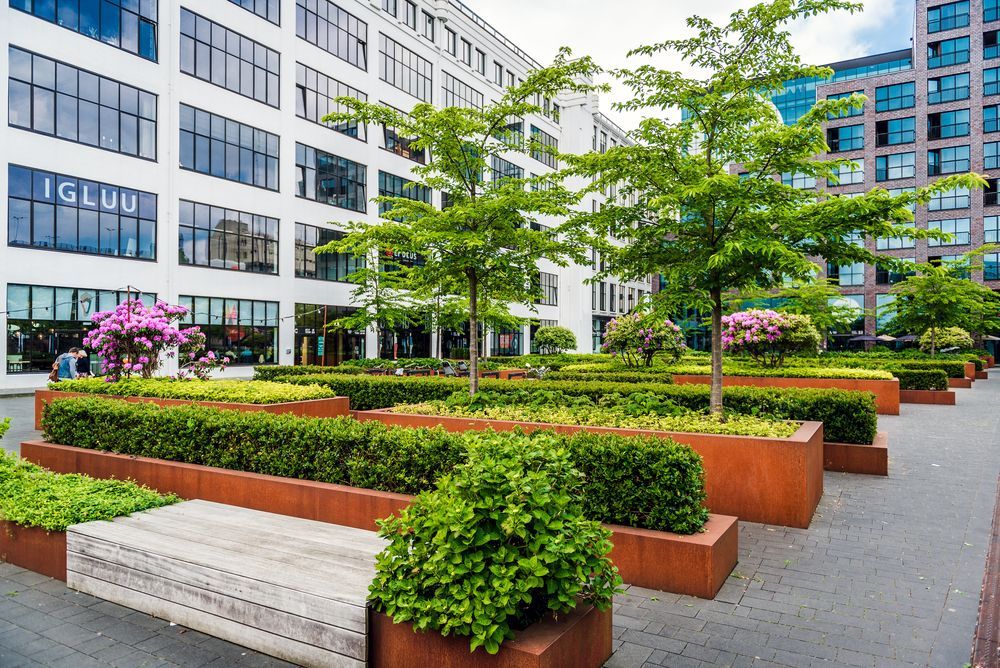Urban park with tiered planters, trees, and buildings. A bench sits in the foreground.