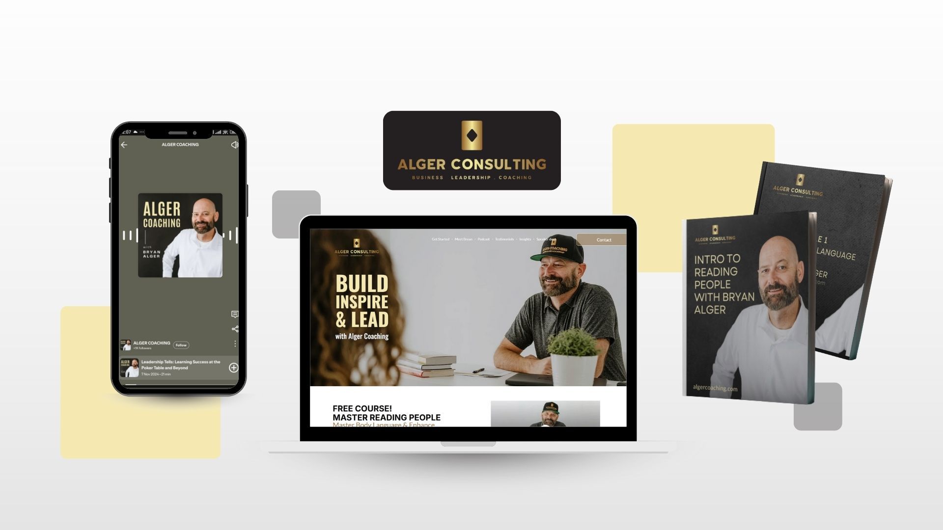 Marketing materials for Alger Consulting on a laptop, phone, and printed materials.