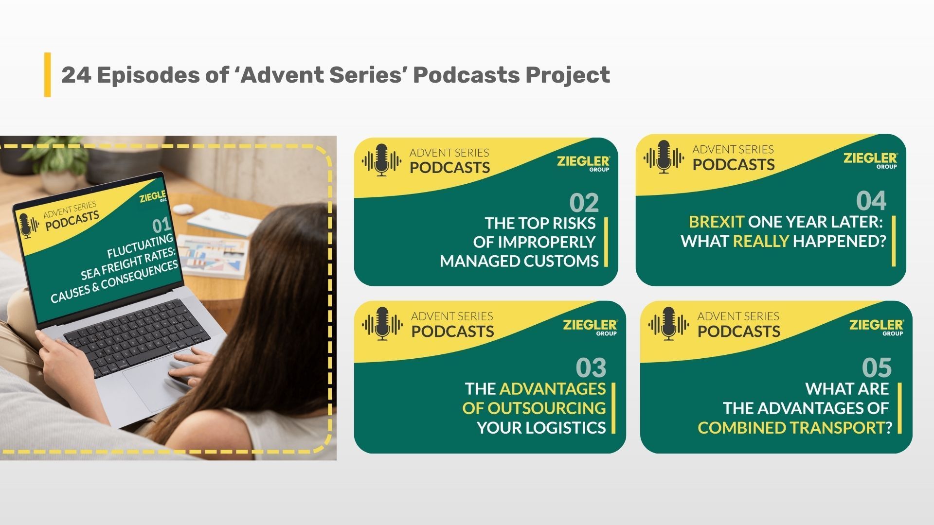 Woman on laptop with podcast previews: episodes 2-5, all with green and yellow designs.
