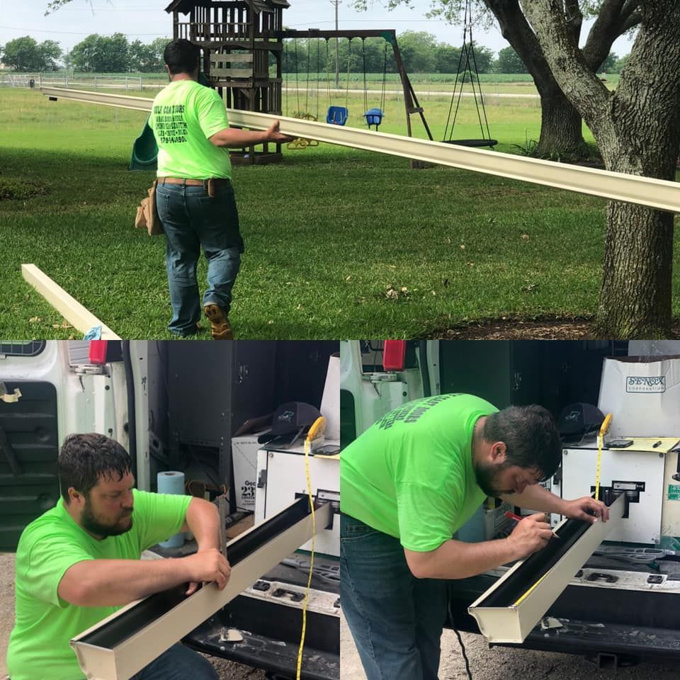 Man installing gutters; holding, cutting, and working with materials outside and in a van.