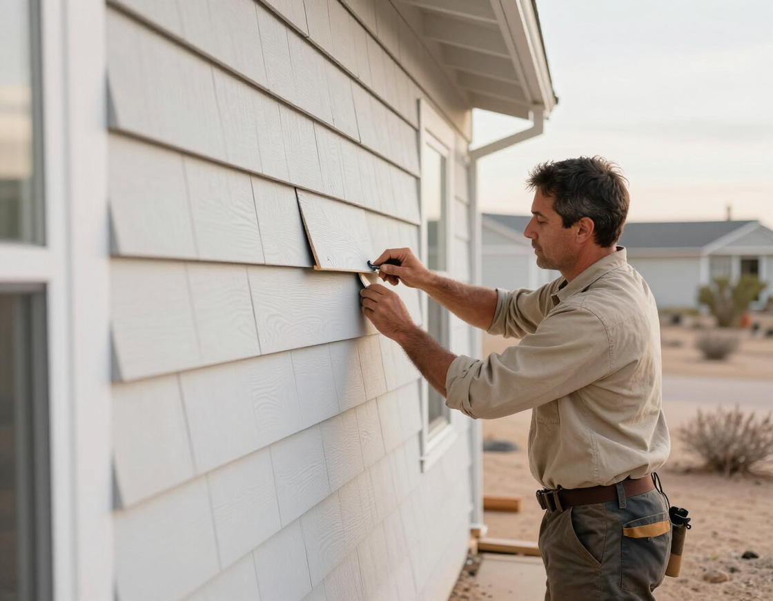 Contractor installing lap siding boards on residential home