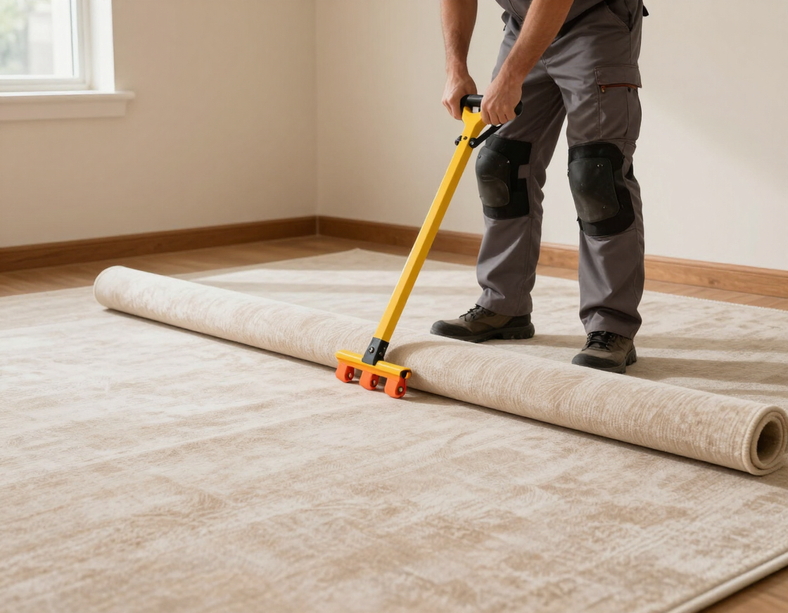 Professional carpet stretching with knee kicker tool