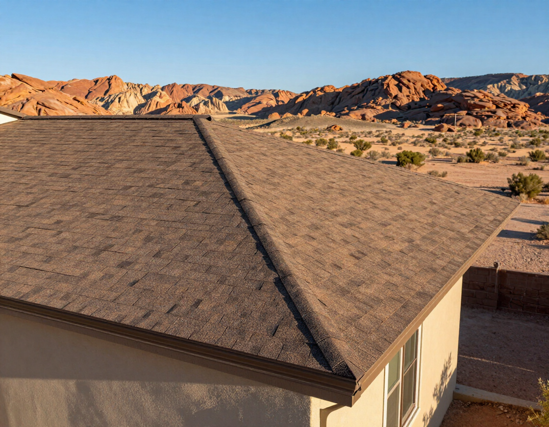 Freshly installed asphalt shingle roof in Utah desert landscape