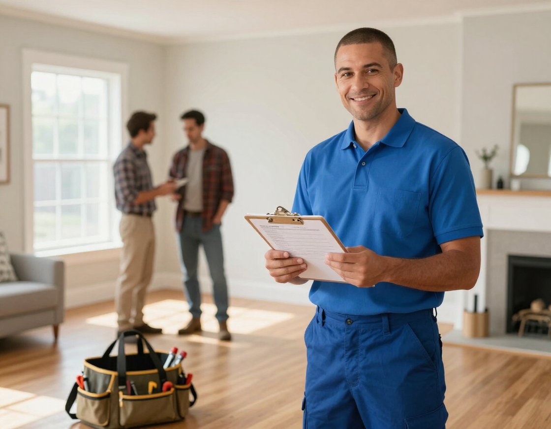 Friendly handyman reviewing checklist on clipboard