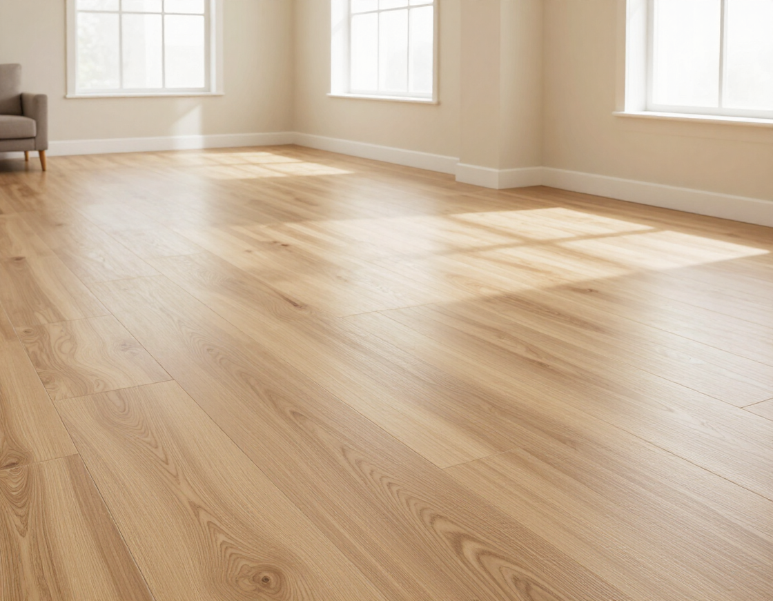 Freshly installed luxury vinyl plank flooring in modern living room