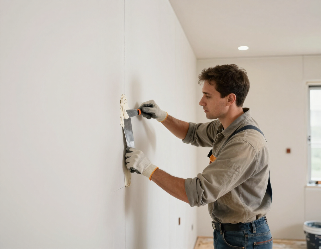 Tradesperson applying joint compound to drywall seams