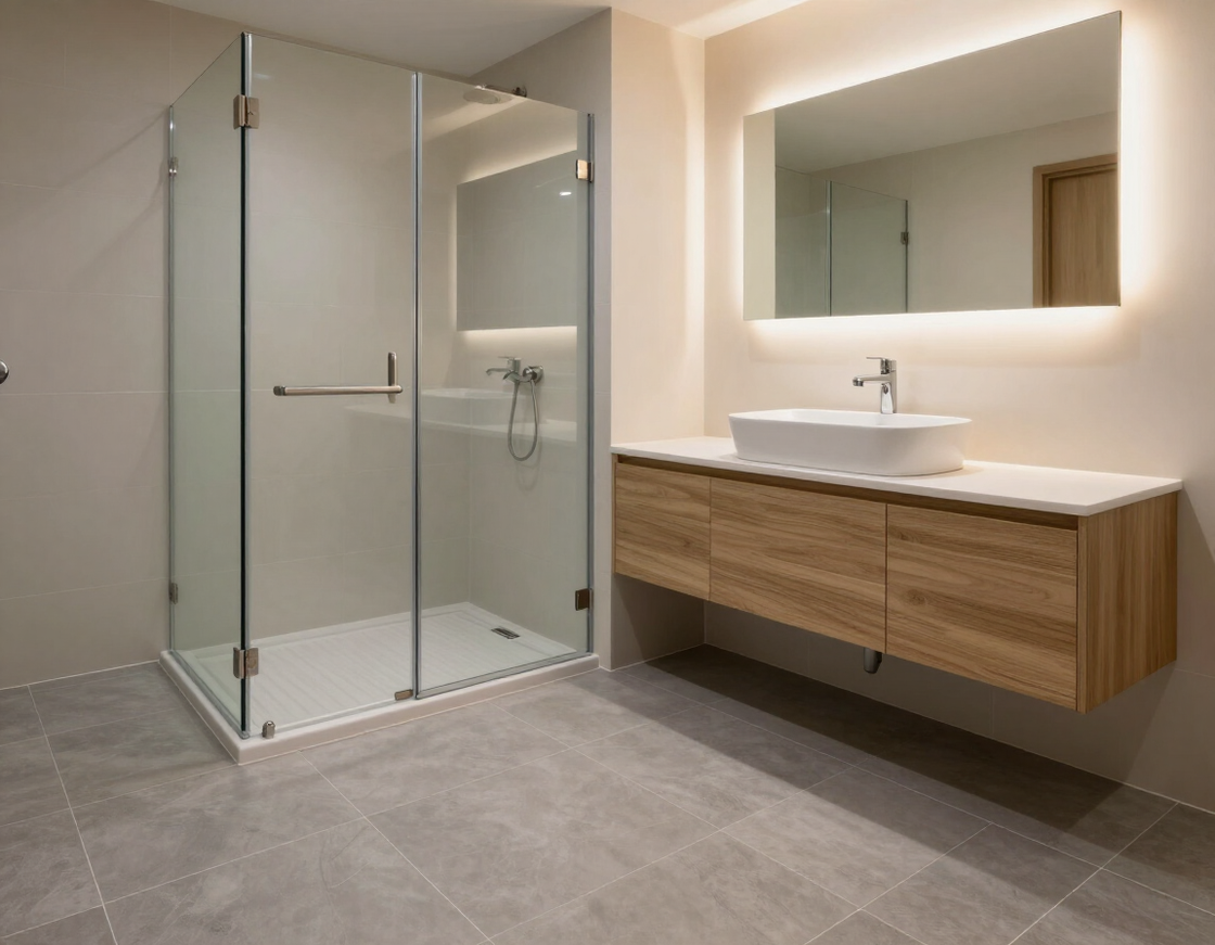 Modern bathroom remodel with glass shower and floating vanity