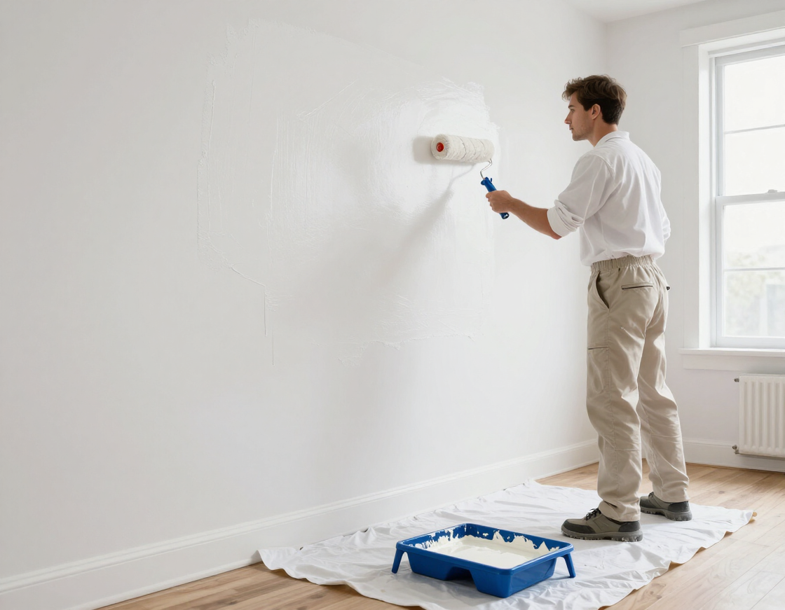 Painter rolling fresh white paint on interior wall