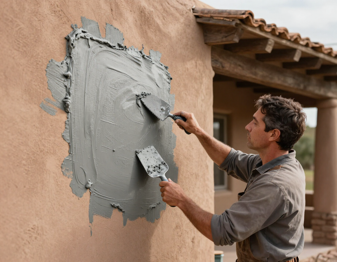 Craftsman applying stucco finish coat with hawk and trowel