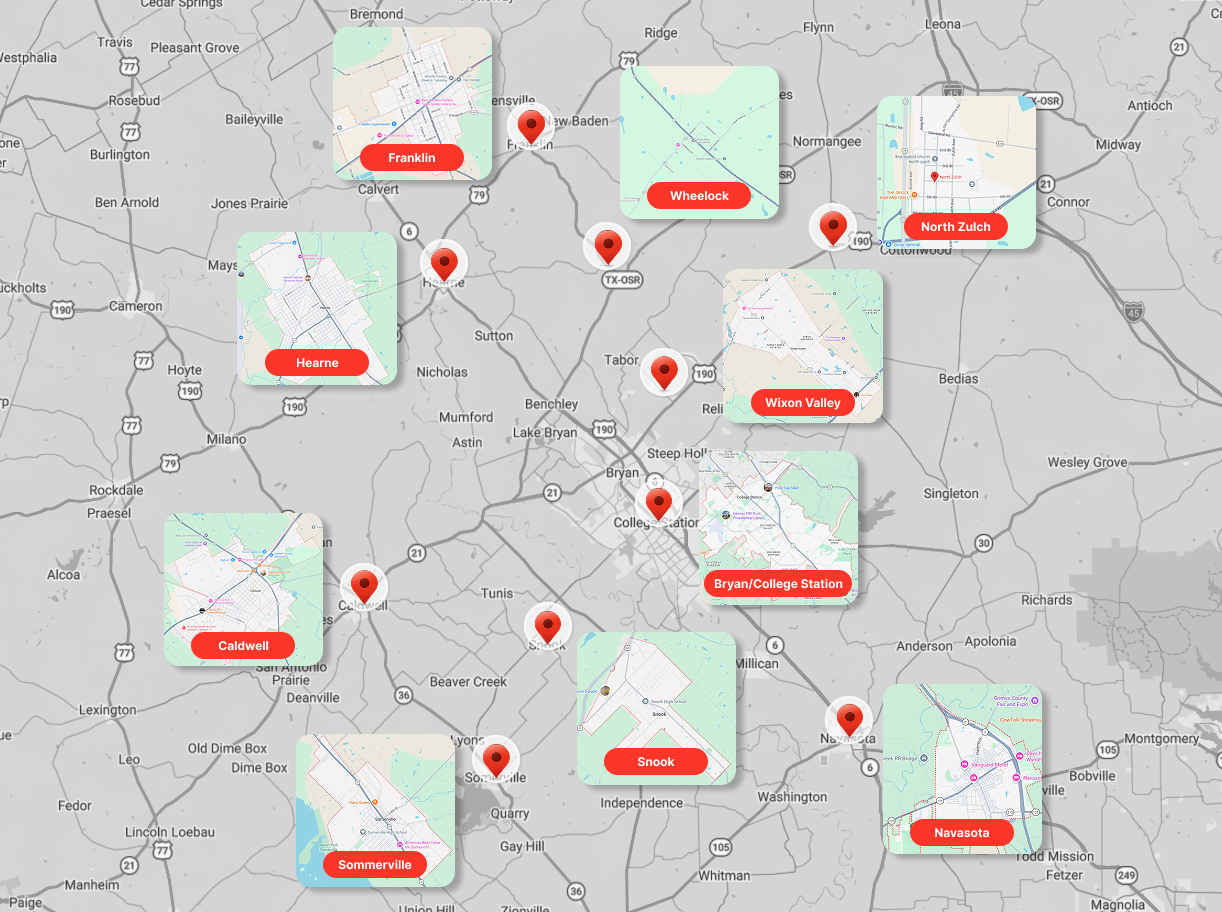 Map with labeled location markers and embedded location map previews.