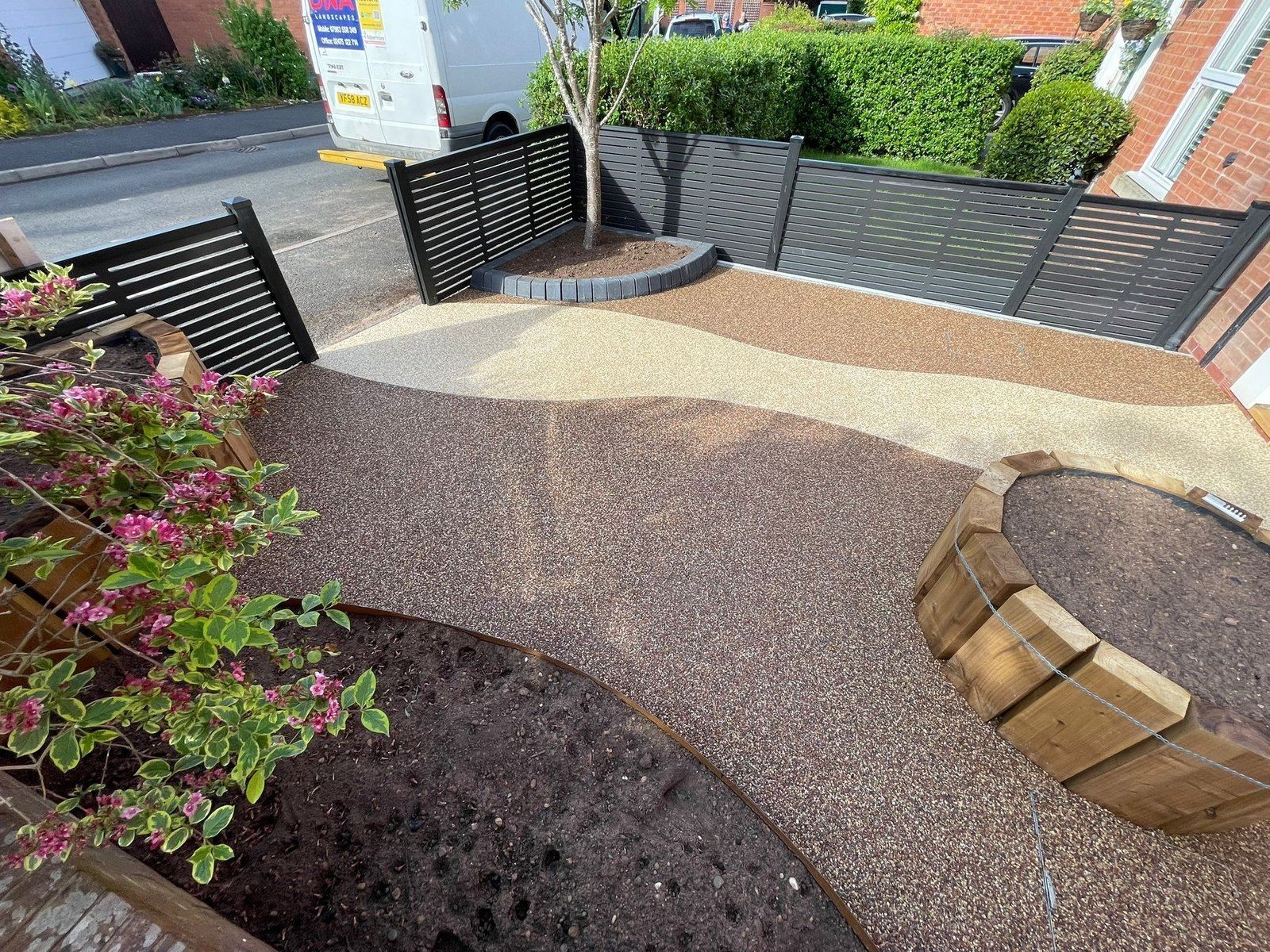 Resin bound front garden with composite fencing, sleeper planters and corten edging