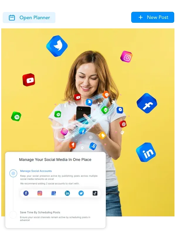 A woman is holding a cell phone with social media icons flying around her.