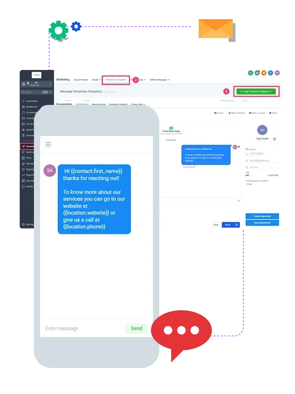 A cell phone with a message on it and a red speech bubble.