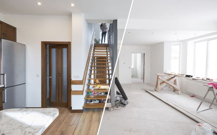 a before and after photo of a house under construction .