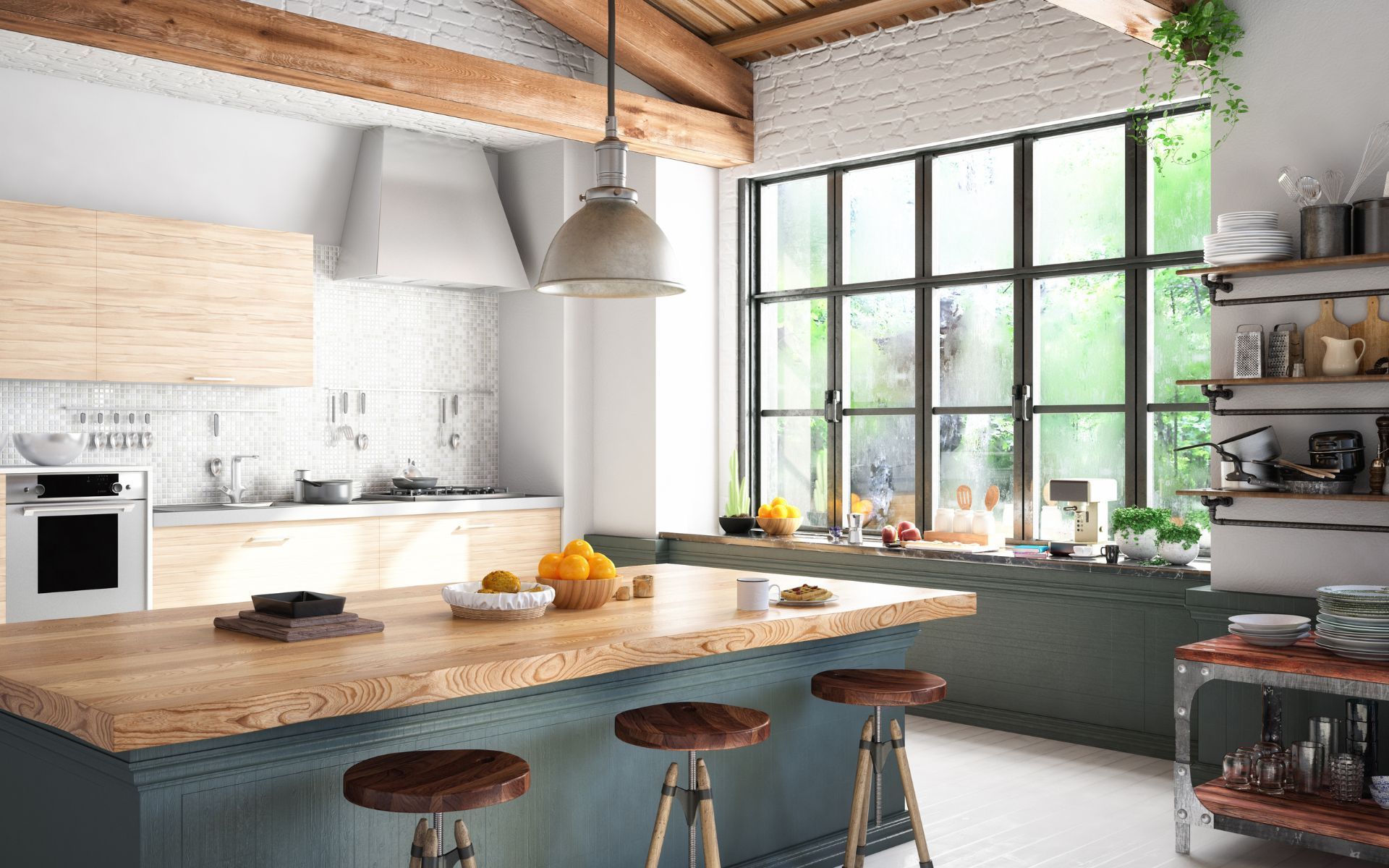 a kitchen with a wooden table and stools and a large window .