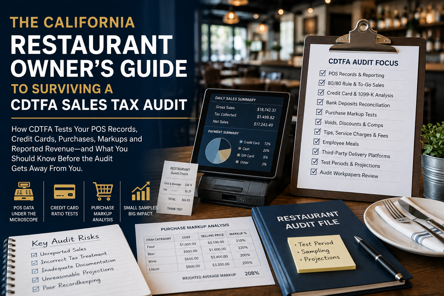 Promotional flyer for a California restaurant owner’s guide to surviving a CDFA sales tax audit, with forms and tablets on a table