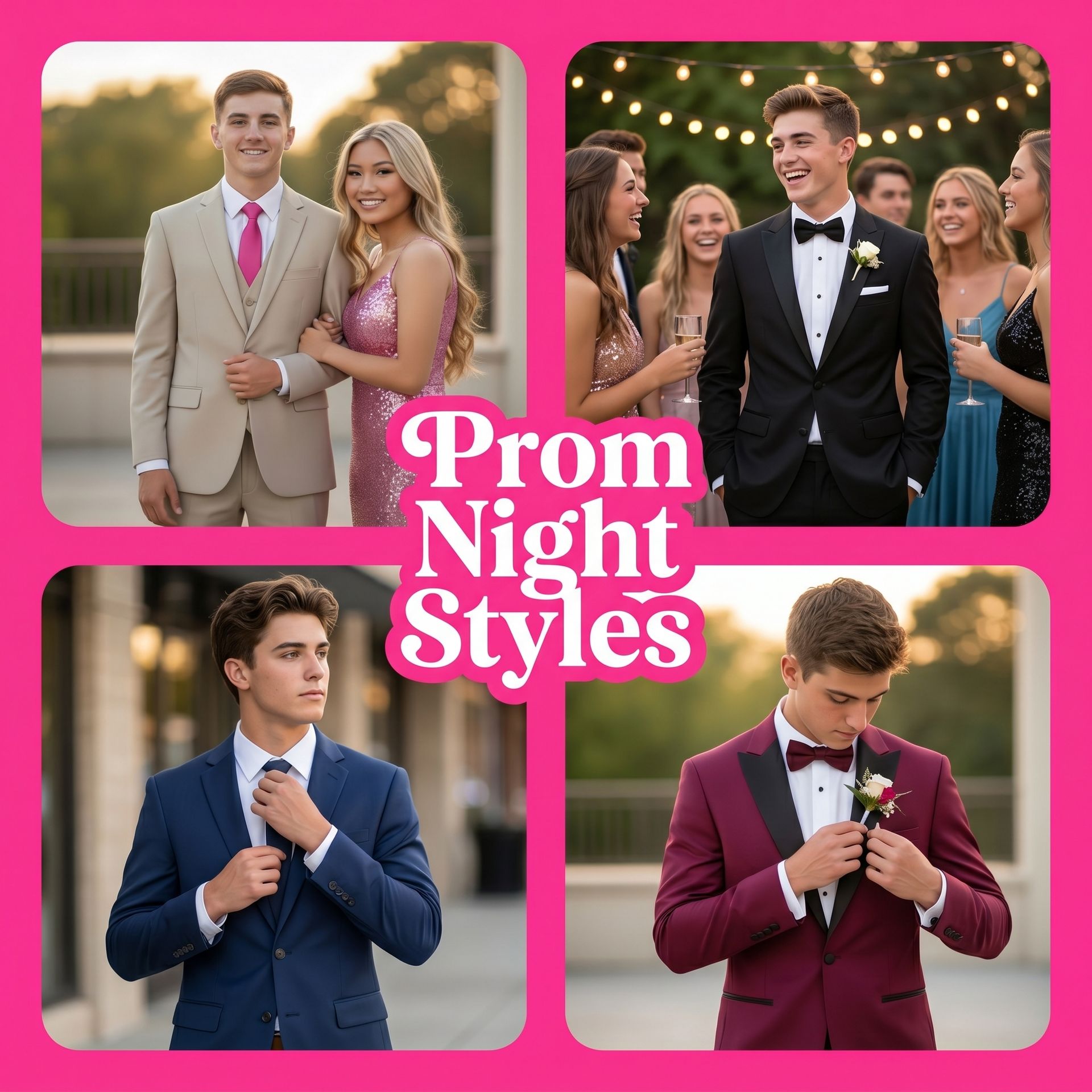 Prom night style collage with four teens in suits and dresses at an evening event