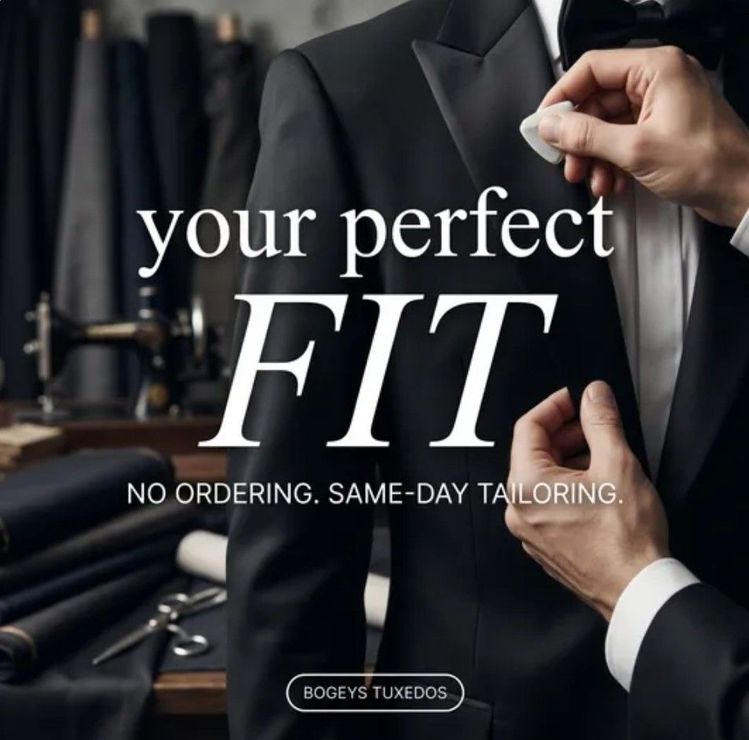 Luxury tuxedo tailoring ad with hands adjusting a black suit jacket and the text “your perfect FIT”