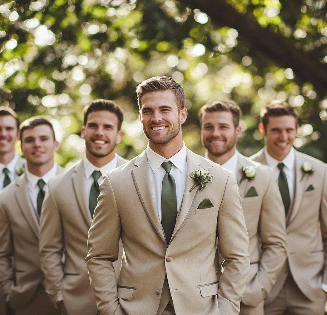 Five men in beige suits and green ties standing outdoors, smiling in a garden setting