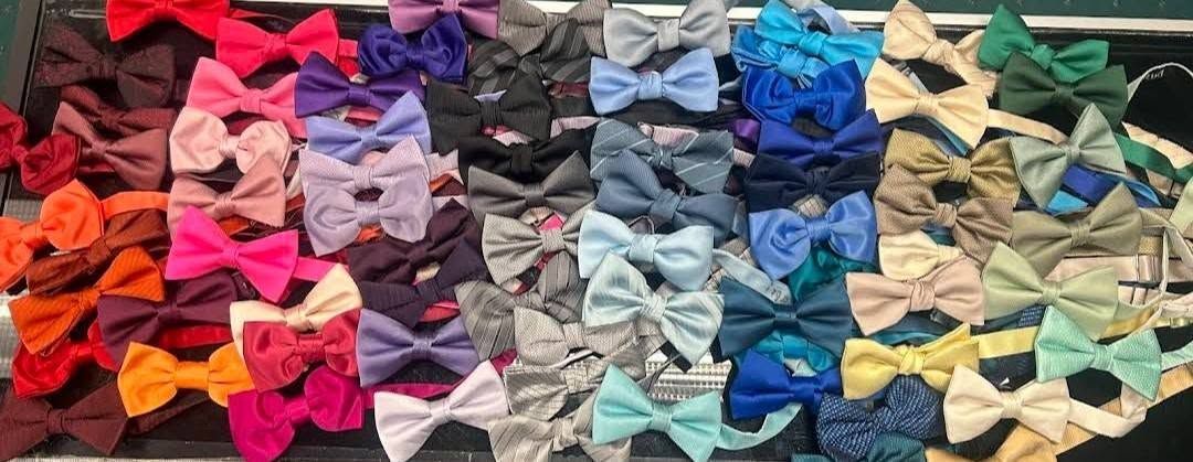 Rows of colorful bow ties and neckties arranged in a patterned display