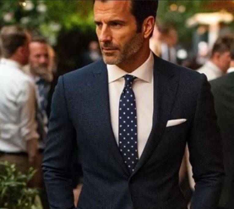 Man in navy suit and polka-dot tie standing outdoors at a formal event, looking to the side