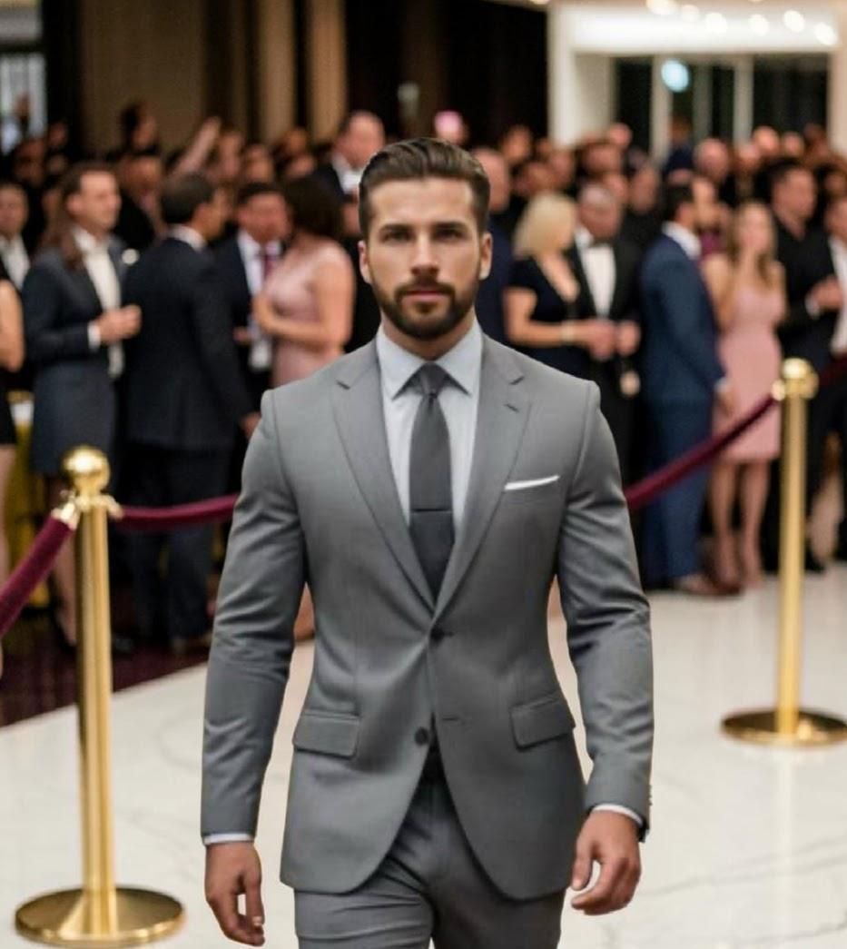 Man in a gray suit walking through a formal event with guests in the background