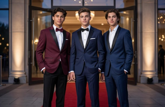 Three men in tuxedos stand on a red carpet in a grand building entrance.