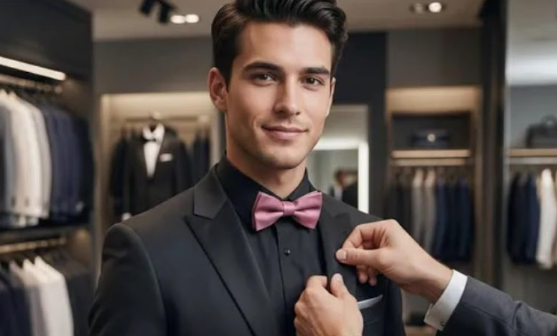 Man in a suit with a pink bow tie being adjusted in a clothing store