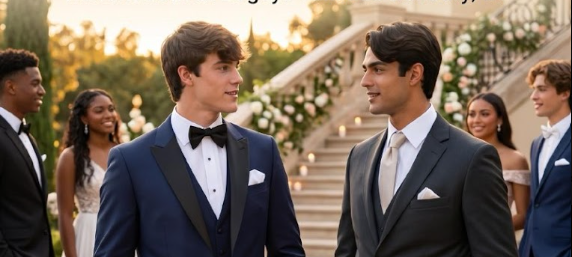 Two men in tuxedos talking at an outdoor evening wedding reception with guests in the background