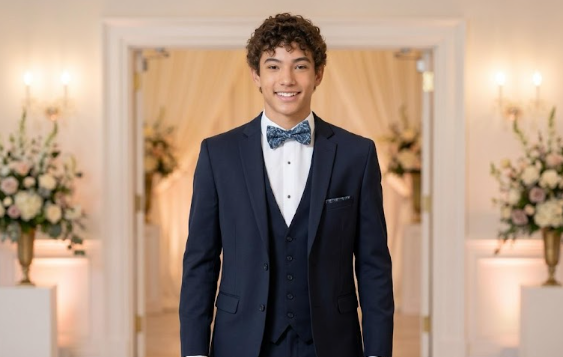 Young man in a navy suit and bow tie standing in a softly lit ballroom entrance