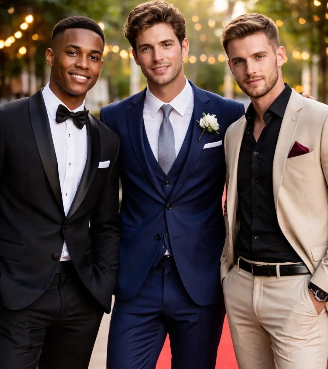 Three men in formal suits pose together at an event with warm lights in the background.