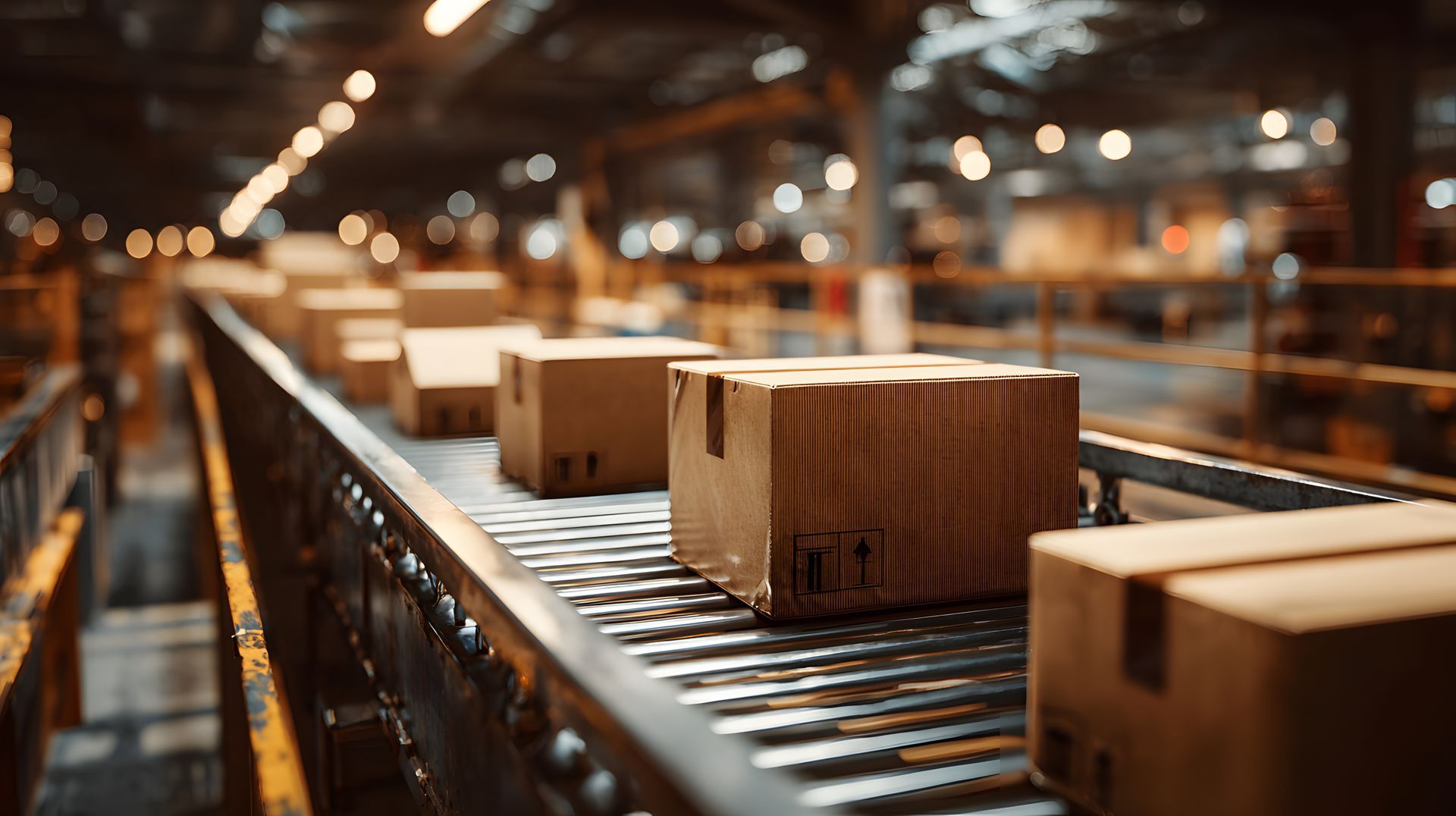 A row of cardboard moving boxes is supplied on a conveyor belt in a logistics distribution center. A row of cardboard moving boxes is supplied on a conveyor belt in a logistics distribution center.