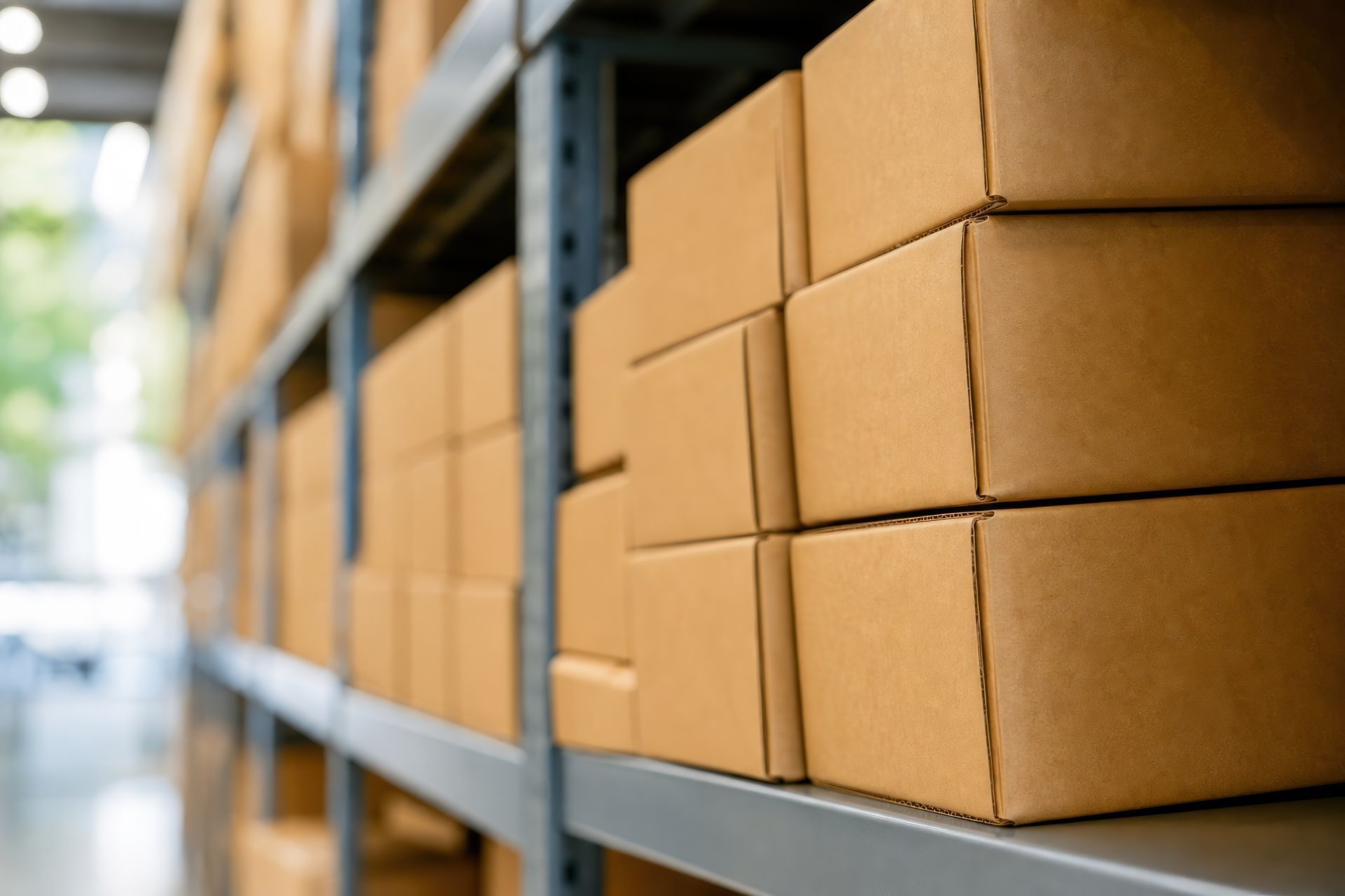 How To Measure Box — Kansas City, MO — Reliance Paper Co. Cardboard boxes stacked on metal warehouse shelves in organized storage facility for shipping.