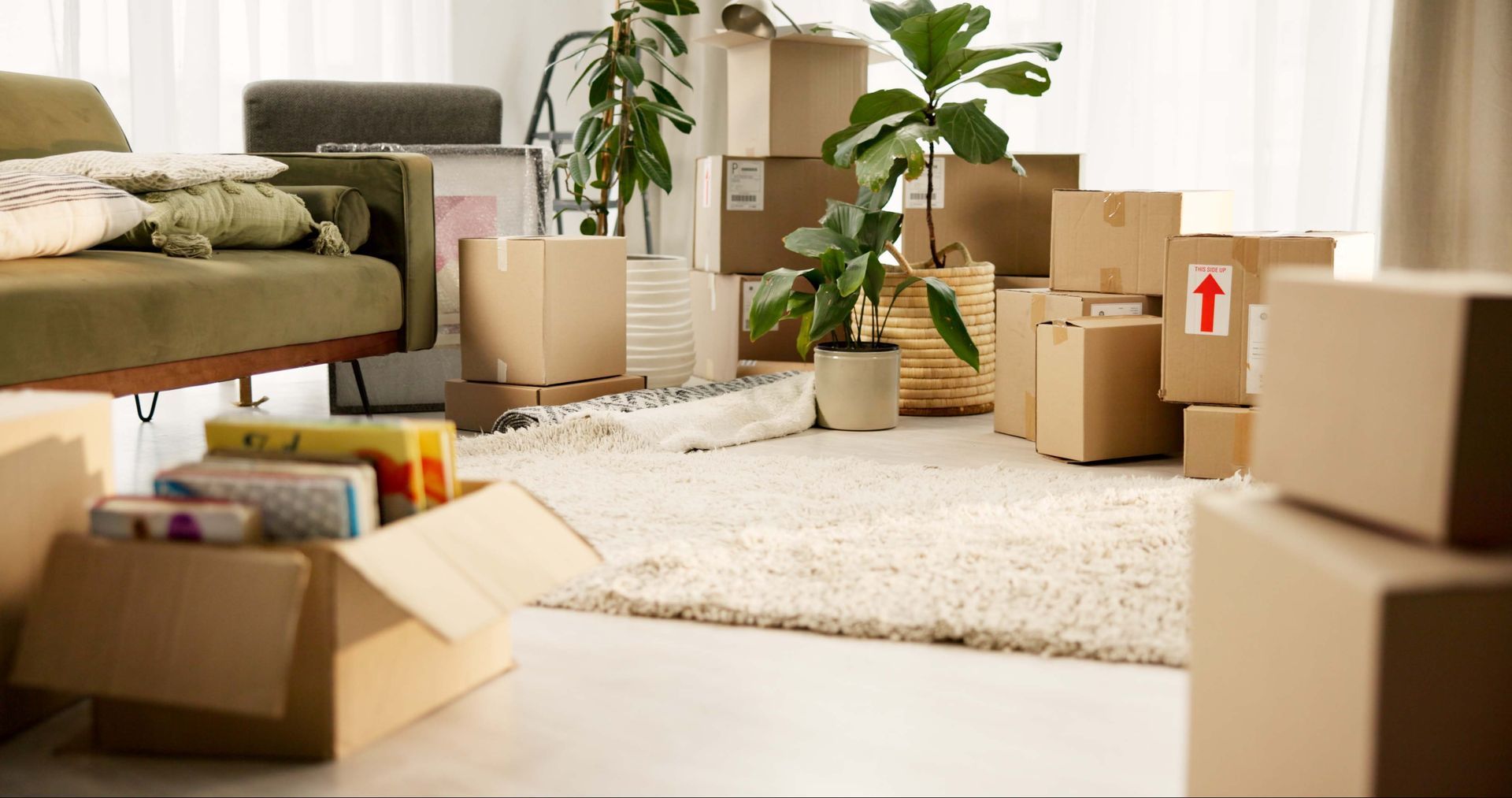 A bunch of moving boxes in a living room.