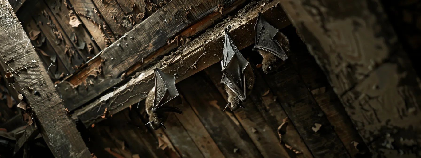 A close up of a wooden door with bats in a dark room.