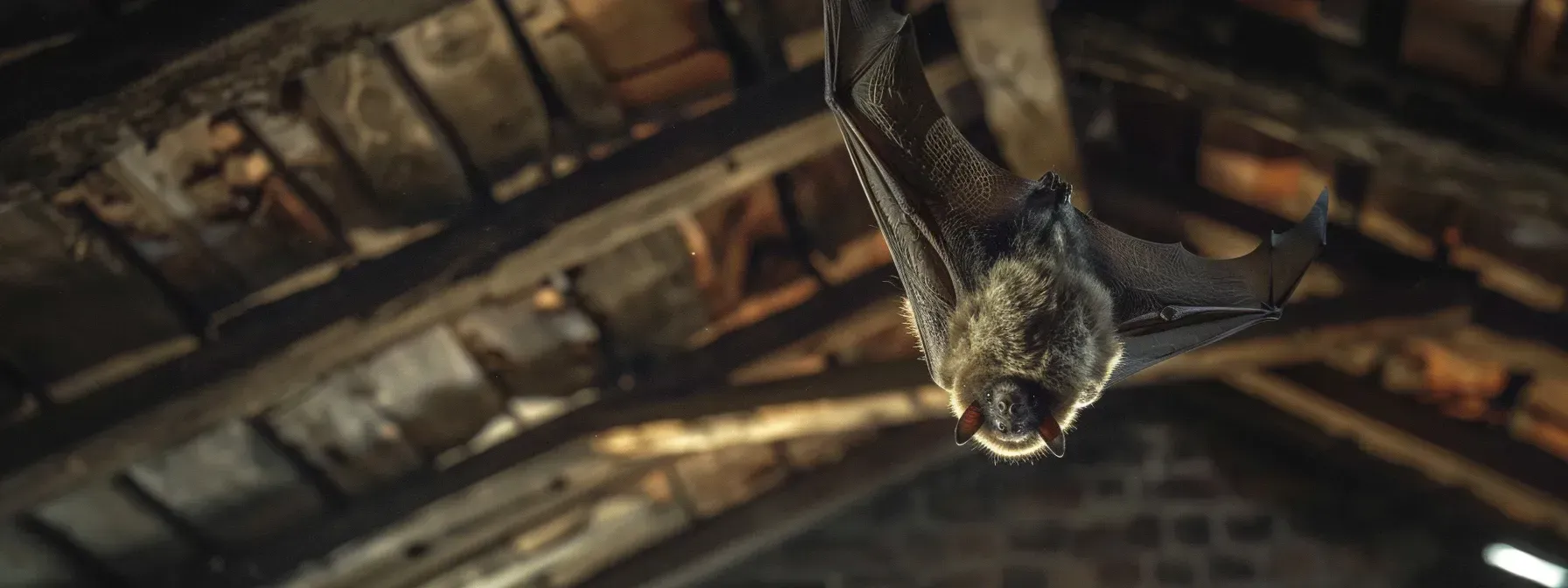 A bat is hanging from the ceiling of a building.