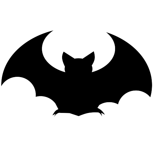 Black silhouette of a bat with spread wings on a white background