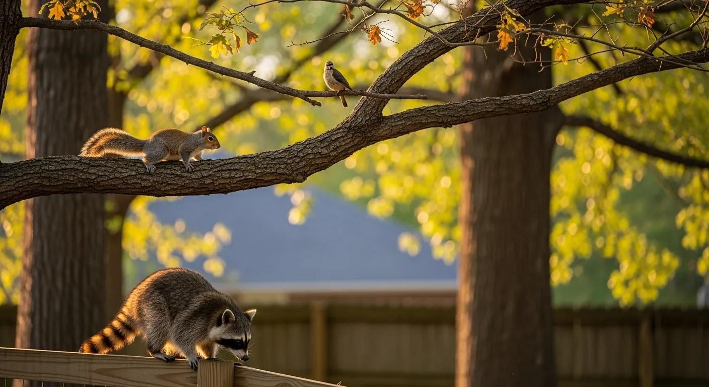 Raccoon walking on a wooden fence beneath yellow autumn leaves in a backyard