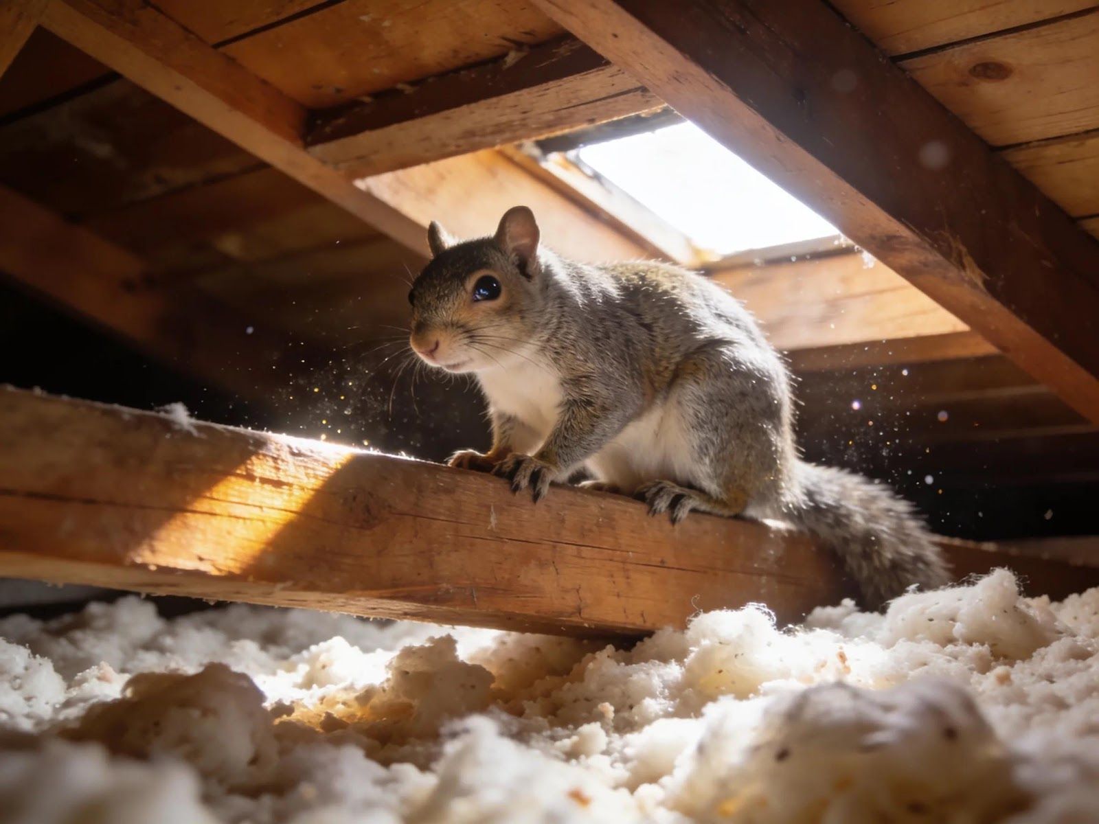 Squirrel on attic rafters above fluffy insulation, lit by sunlight through a roof opening