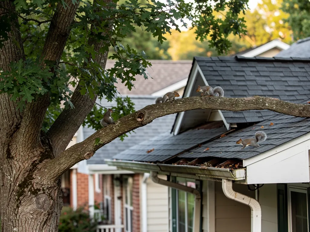 Tree limbs resting on a house roof, with damaged shingles and a white gutter in a residential area.