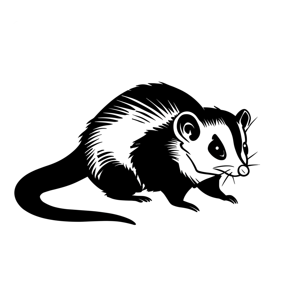 Black-and-white illustration of a small opossum with a long tail, facing right